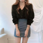 Cute Kitty Chic Fashionable V-Neck Single Breasted Mink Short Knitted Sweaters Outerwear For Women Autumn Long Sleeve Sweater Coat Stevvex
