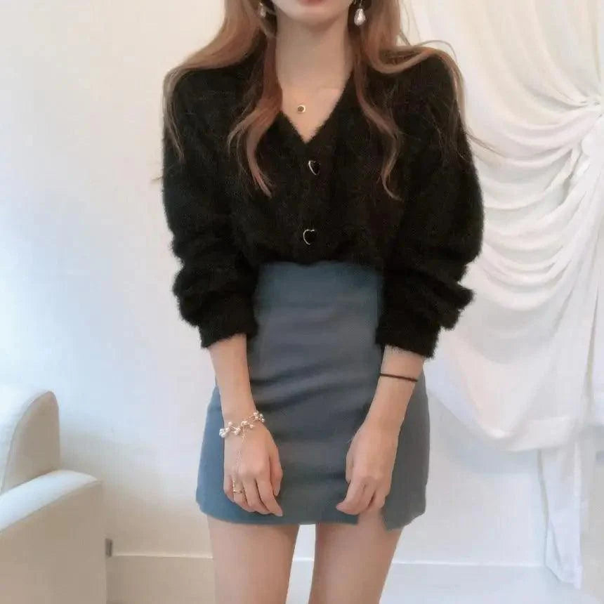 Cute Kitty Chic Fashionable V-Neck Single Breasted Mink Short Knitted Sweaters Outerwear For Women Autumn Long Sleeve Sweater Coat Stevvex