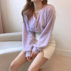 Cute Kitty Chic Fashionable V-Neck Single Breasted Mink Short Knitted Sweaters Outerwear For Women Autumn Long Sleeve Sweater Coat Stevvex