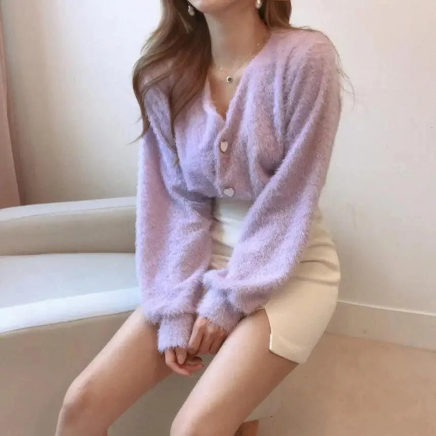 Cute Kitty Chic Fashionable V-Neck Single Breasted Mink Short Knitted Sweaters Outerwear For Women Autumn Long Sleeve Sweater Coat Stevvex