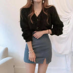 Cute Kitty Chic Fashionable V-Neck Single Breasted Mink Short Knitted Sweaters Outerwear For Women Autumn Long Sleeve Sweater Coat Stevvex