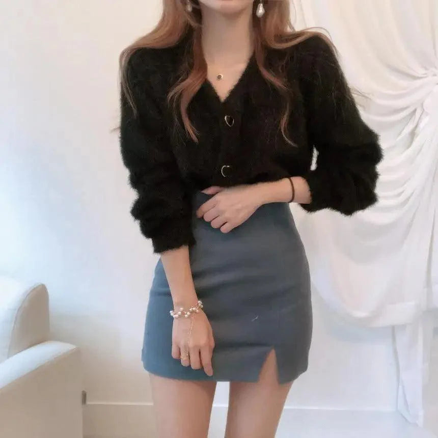 Cute Kitty Chic Fashionable V-Neck Single Breasted Mink Short Knitted Sweaters Outerwear For Women Autumn Long Sleeve Sweater Coat Stevvex