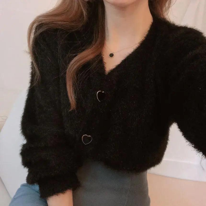 Cute Kitty Chic Fashionable V-Neck Single Breasted Mink Short Knitted Sweaters Outerwear For Women Autumn Long Sleeve Sweater Coat Stevvex