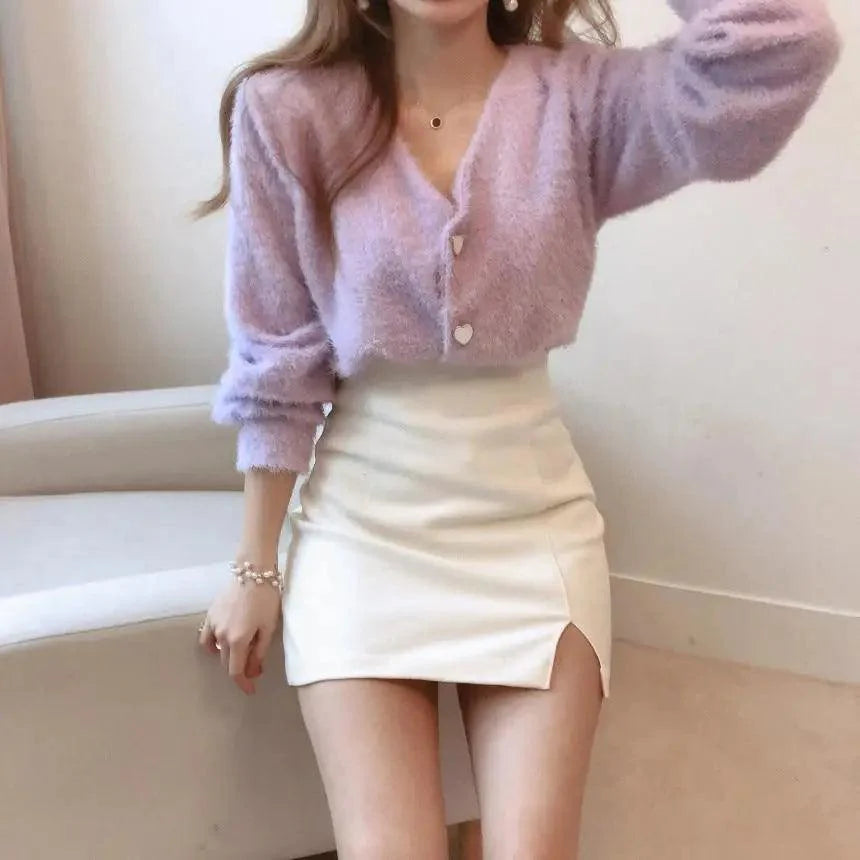 Cute Kitty Chic Fashionable V-Neck Single Breasted Mink Short Knitted Sweaters Outerwear For Women Autumn Long Sleeve Sweater Coat Stevvex