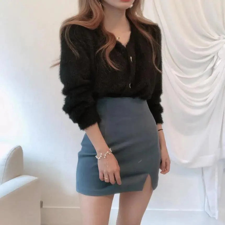 Cute Kitty Chic Fashionable V-Neck Single Breasted Mink Short Knitted Sweaters Outerwear For Women Autumn Long Sleeve Sweater Coat Stevvex