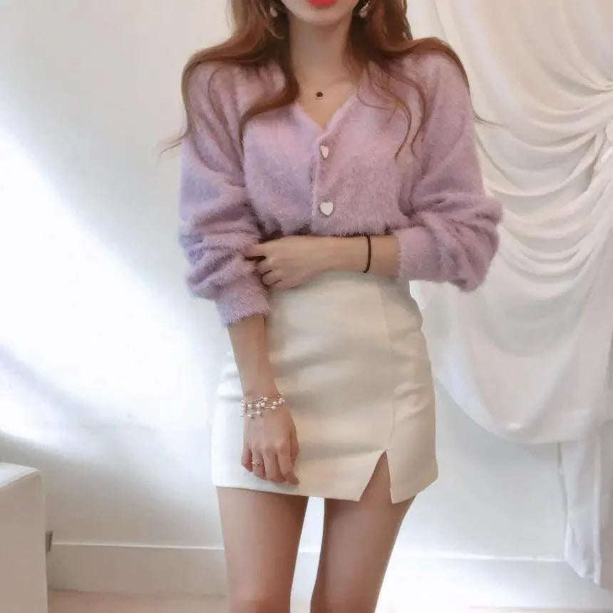 Cute Kitty Chic Fashionable V-Neck Single Breasted Mink Short Knitted Sweaters Outerwear For Women Autumn Long Sleeve Sweater Coat Stevvex