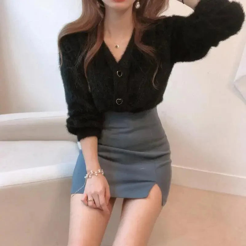 Cute Kitty Chic Fashionable V-Neck Single Breasted Mink Short Knitted Sweaters Outerwear For Women Autumn Long Sleeve Sweater Coat Stevvex