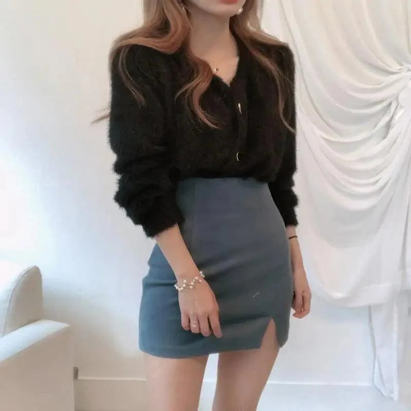Cute Kitty Chic Fashionable V-Neck Single Breasted Mink Short Knitted Sweaters Outerwear For Women Autumn Long Sleeve Sweater Coat Stevvex