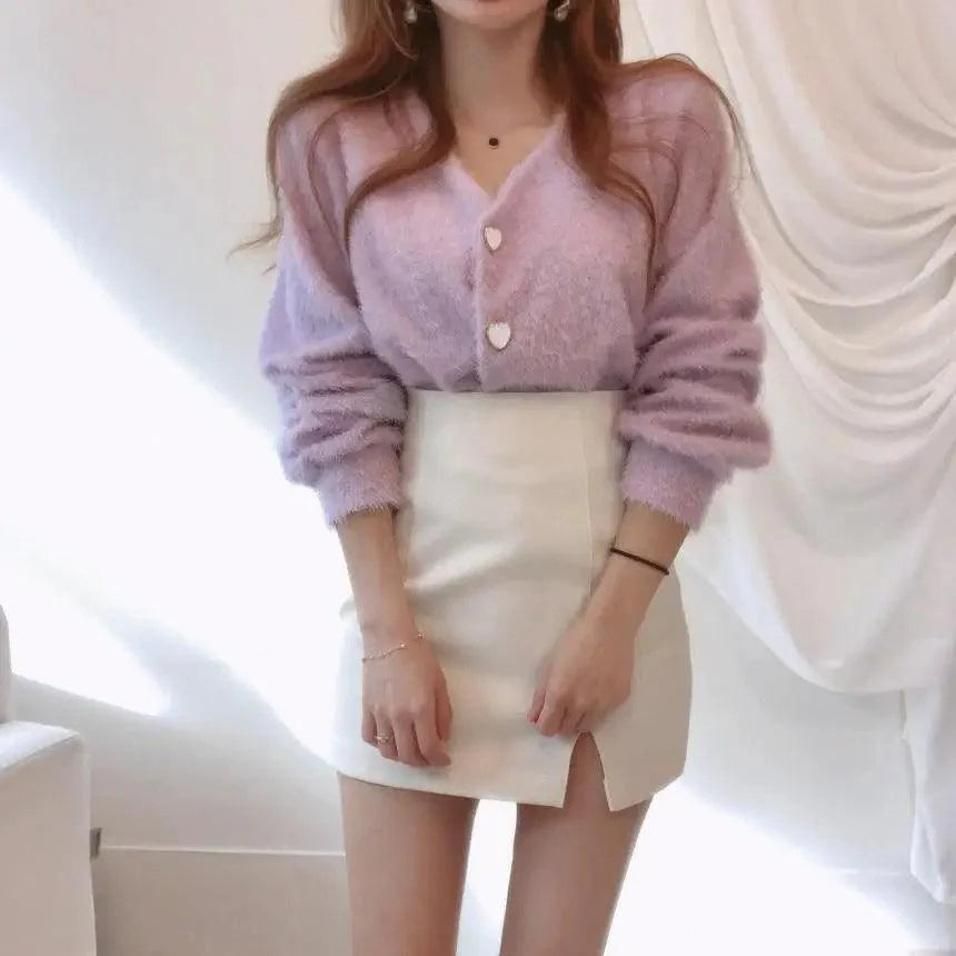 Cute Kitty Chic Fashionable V-Neck Single Breasted Mink Short Knitted Sweaters Outerwear For Women Autumn Long Sleeve Sweater Coat Stevvex