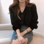 Cute Kitty Chic Fashionable V-Neck Single Breasted Mink Short Knitted Sweaters Outerwear For Women Autumn Long Sleeve Sweater Coat Stevvex