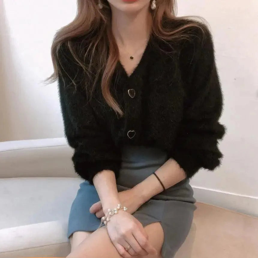 Cute Kitty Chic Fashionable V-Neck Single Breasted Mink Short Knitted Sweaters Outerwear For Women Autumn Long Sleeve Sweater Coat Stevvex