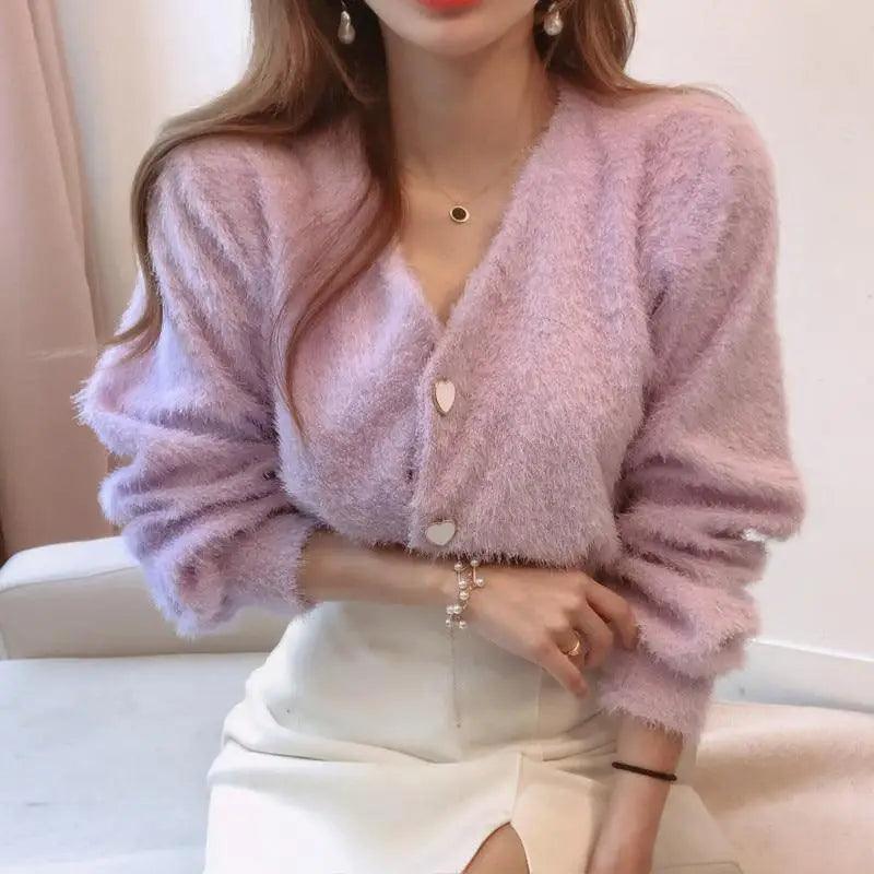 Cute Kitty Chic Fashionable V-Neck Single Breasted Mink Short Knitted Sweaters Outerwear For Women Autumn Long Sleeve Sweater Coat Stevvex