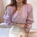 Cute Kitty Chic Fashionable V-Neck Single Breasted Mink Short Knitted Sweaters Outerwear For Women Autumn Long Sleeve Sweater Coat Stevvex
