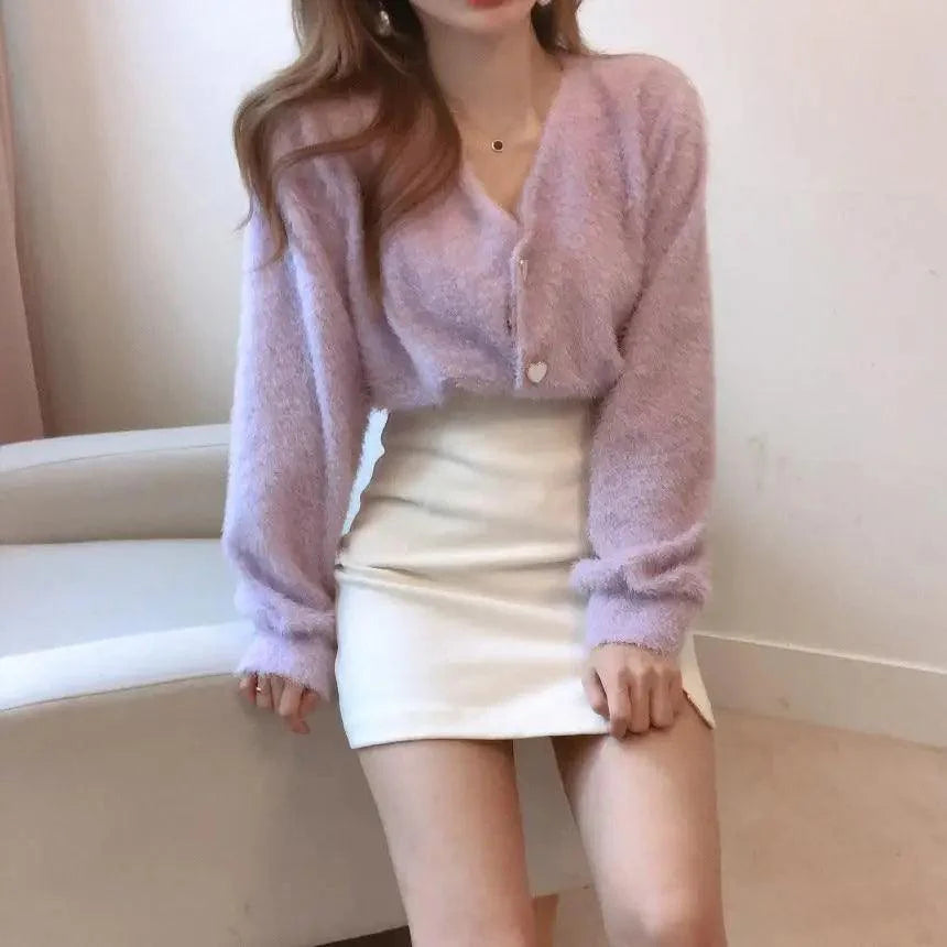 Cute Kitty Chic Fashionable V-Neck Single Breasted Mink Short Knitted Sweaters Outerwear For Women Autumn Long Sleeve Sweater Coat Stevvex