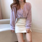 Cute Kitty Chic Fashionable V-Neck Single Breasted Mink Short Knitted Sweaters Outerwear For Women Autumn Long Sleeve Sweater Coat Stevvex