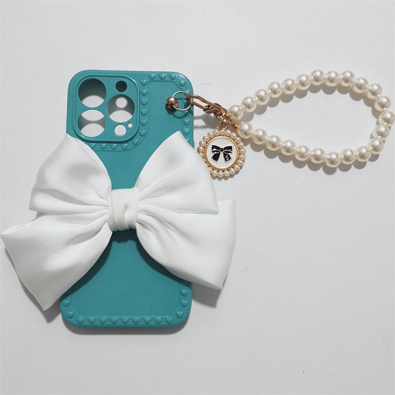 Cute Luxury Fashion 3d Bow Pearl Bracelet Girl Soft Case For iPhone 11 12 13 Pro Max 7 8 Plus Xr X Xs Se Anti-drop Cover Pearl Chain Bow Phone Case Ideal for iPhone Elegant Phone Case Stevvex