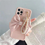 Cute Luxury Fashion 3d Bow Pearl Bracelet Girl Soft Case For iPhone 11 12 13 Pro Max 7 8 Plus Xr X Xs Se Anti-drop Cover Pearl Chain Bow Phone Case Ideal for iPhone Elegant Phone Case Stevvex
