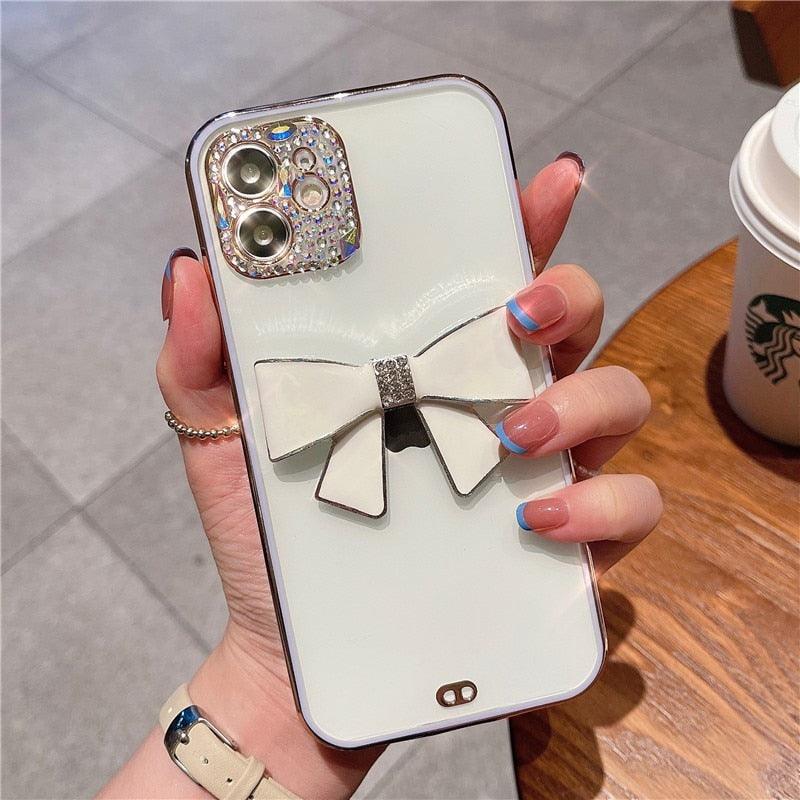 Cute Luxury Fashion 3d Bow Pearl Bracelet Girl Soft Case For iPhone 11 12 13 Pro Max 7 8 Plus Xr X Xs Se Anti-drop Cover Pearl Chain Bow Phone Case Ideal for iPhone Elegant Phone Case Stevvex