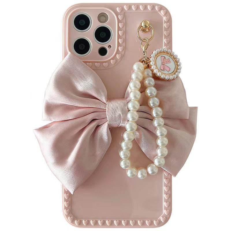Cute Luxury Fashion 3d Bow Pearl Bracelet Girl Soft Case For iPhone 11 12 13 Pro Max 7 8 Plus Xr X Xs Se Anti-drop Cover Pearl Chain Bow Phone Case Ideal for iPhone Elegant Phone Case Stevvex