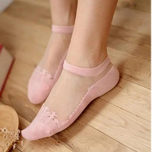 Cute Sock Slipper Women 1 Pair 2 Pieces Silk Spring Summer Thin Breathable Girl Socks Women Socks Breathable Anti-Friction Ultra Thin Socks for Women Transparent Lace Silk Elastic Socks Stevvex