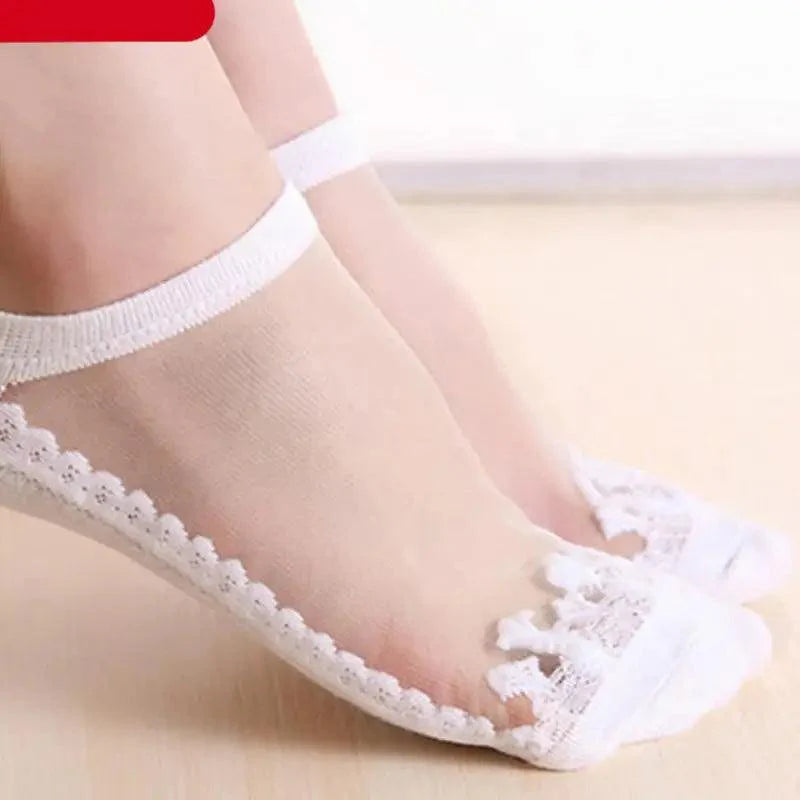 Cute Sock Slipper Women 1 Pair 2 Pieces Silk Spring Summer Thin Breathable Girl Socks Women Socks Breathable Anti-Friction Ultra Thin Socks for Women Transparent Lace Silk Elastic Socks Stevvex