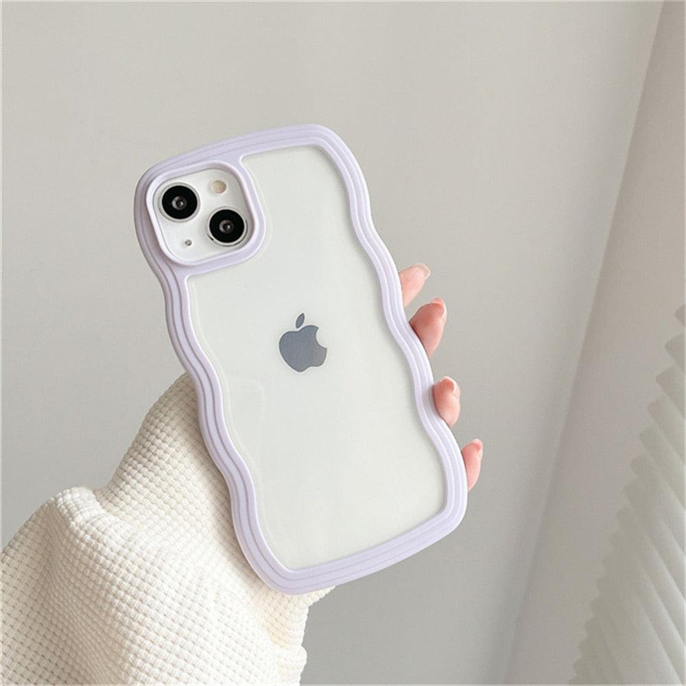 Cute Transparent Curly Wave Phone Case For iPhone 14Pro 13 12 11 Pro Max X XR XS Max Candy Color Shockproof Clear Hard  Cover Shockproof Popular Wavy Stylish Phone Case Stevvex