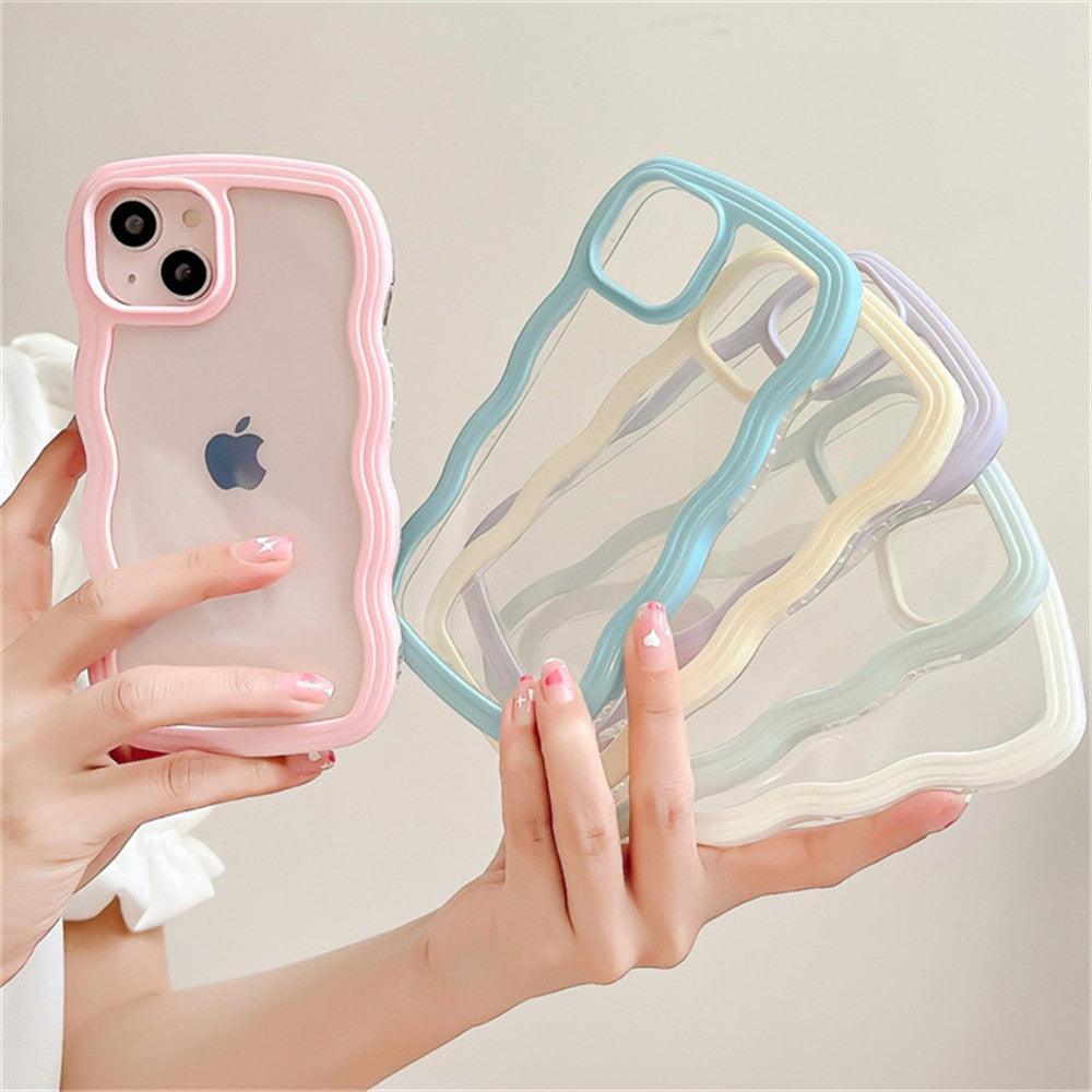 Cute Transparent Curly Wave Phone Case For iPhone 14Pro 13 12 11 Pro Max X XR XS Max Candy Color Shockproof Clear Hard  Cover Shockproof Popular Wavy Stylish Phone Case Stevvex