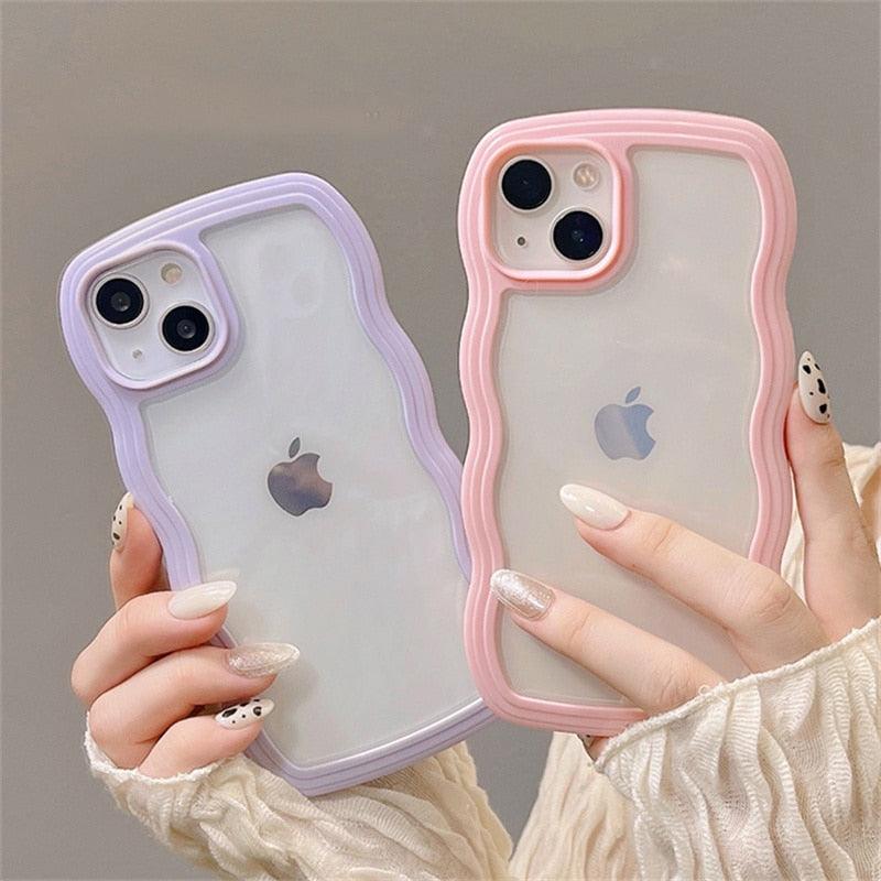 Cute Transparent Curly Wave Phone Case For iPhone 14Pro 13 12 11 Pro Max X XR XS Max Candy Color Shockproof Clear Hard  Cover Shockproof Popular Wavy Stylish Phone Case Stevvex