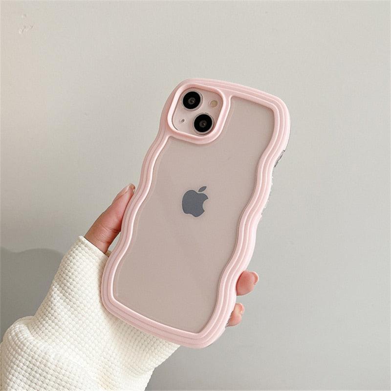 Cute Transparent Curly Wave Phone Case For iPhone 14Pro 13 12 11 Pro Max X XR XS Max Candy Color Shockproof Clear Hard  Cover Shockproof Popular Wavy Stylish Phone Case Stevvex