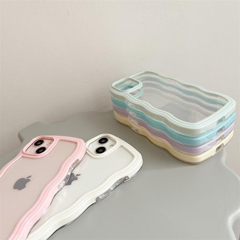 Cute Transparent Curly Wave Phone Case For iPhone 14Pro 13 12 11 Pro Max X XR XS Max Candy Color Shockproof Clear Hard  Cover Shockproof Popular Wavy Stylish Phone Case Stevvex
