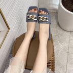 Cute Women Summer Slipper Square Toe Chain Slippers Slip On Flat Slide Sandals Beach Flip Flops Casual Shoe Sandals With Square Open Toe Slip On Comfy Slides Sandals Casual Shoes Summer Low Heeled Stevvex