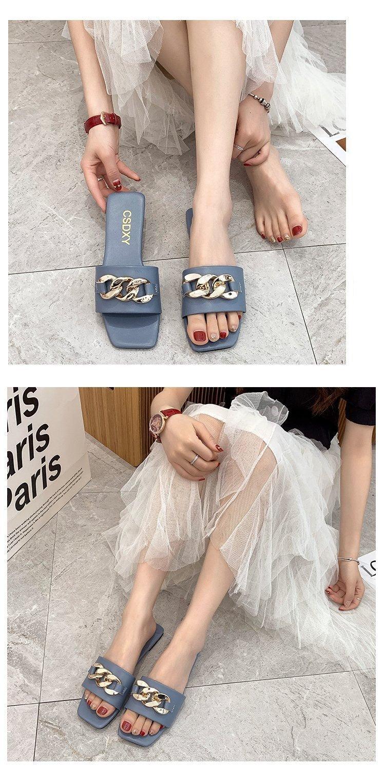 Cute Women Summer Slipper Square Toe Chain Slippers Slip On Flat Slide Sandals Beach Flip Flops Casual Shoe Sandals With Square Open Toe Slip On Comfy Slides Sandals Casual Shoes Summer Low Heeled Stevvex