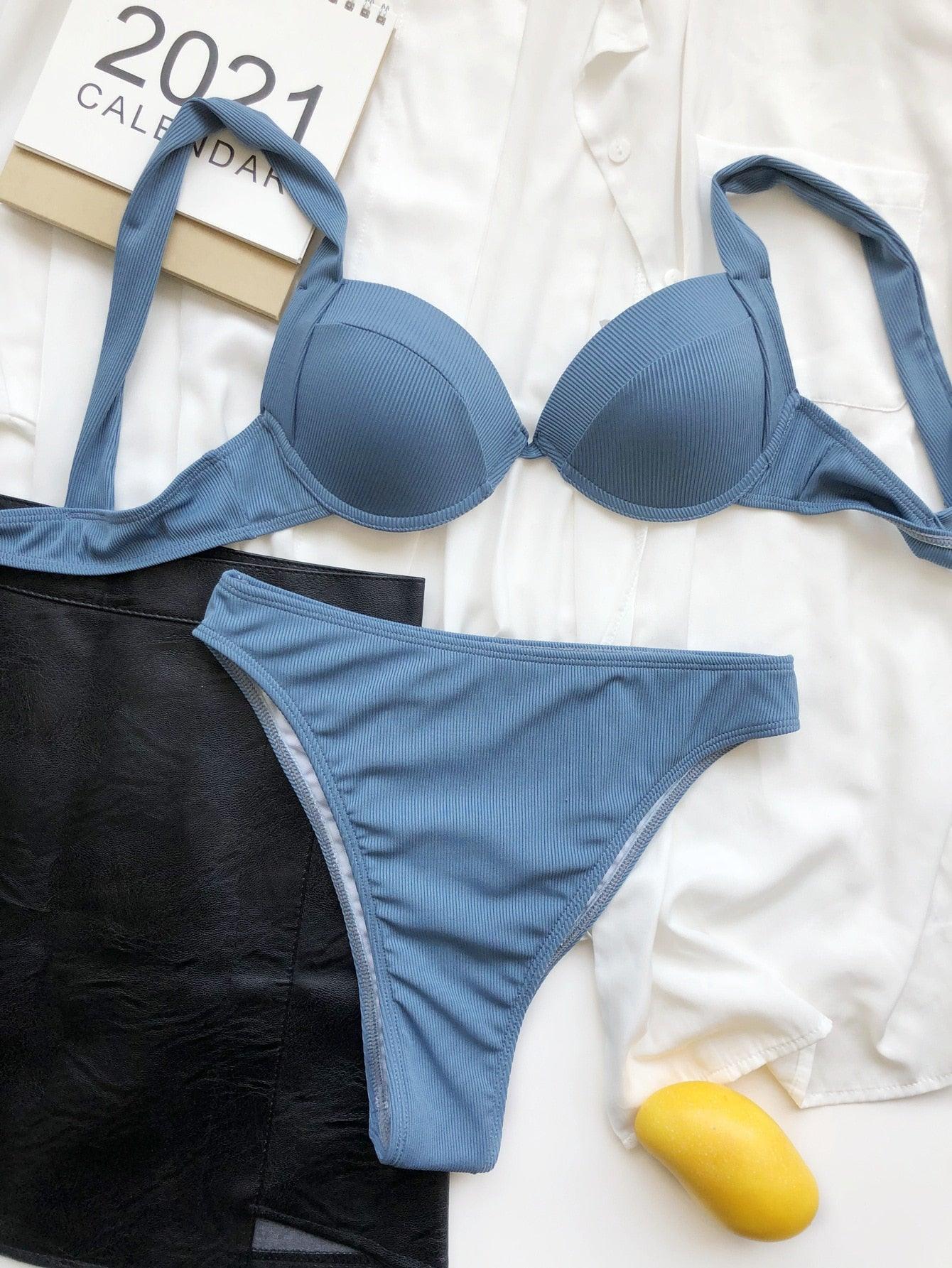 Cute Women Swimwear Pure Color Bikinis Swimsuit Women High Waist String Solid Color 2 Piece Bathing Suits Summer High Cut Push Up Bathing Suit High Waist Beach Wear Breathable Bikini Stevvex