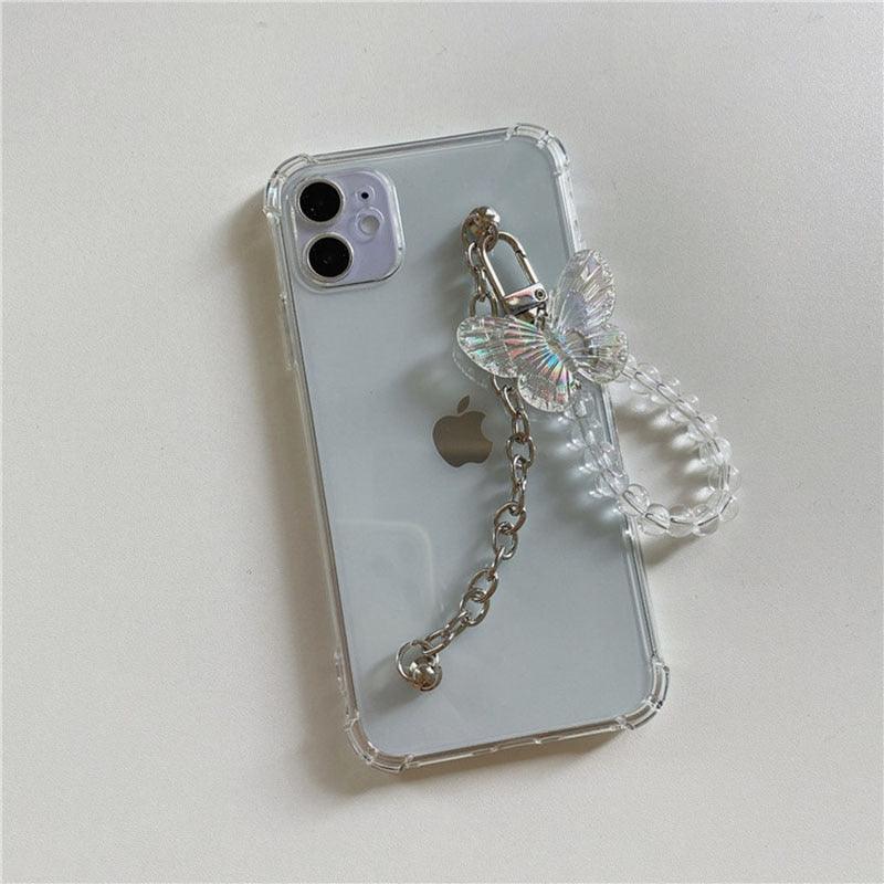 Cute Wrist Strap Butterfly Pendant Phone Case For iPhone 13 12 14Pro Max 8 7 Plus Cases For iPhone 11 Pro Max Elegant Butterfly Theme Transparent Soft Silicone Rubber Phone Case for iPhone Stevvex
