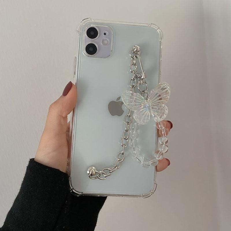 Cute Wrist Strap Butterfly Pendant Phone Case For iPhone 13 12 14Pro Max 8 7 Plus Cases For iPhone 11 Pro Max Elegant Butterfly Theme Transparent Soft Silicone Rubber Phone Case for iPhone Stevvex