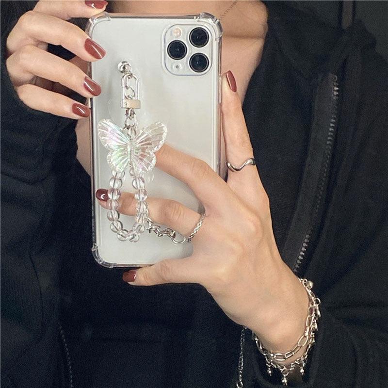 Cute Wrist Strap Butterfly Pendant Phone Case For iPhone 13 12 14Pro Max 8 7 Plus Cases For iPhone 11 Pro Max Elegant Butterfly Theme Transparent Soft Silicone Rubber Phone Case for iPhone Stevvex