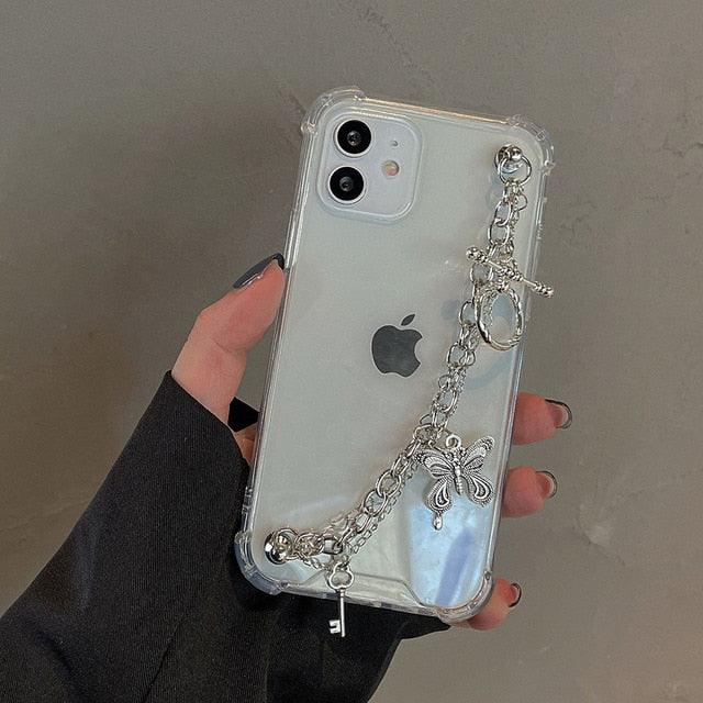 Cute Wrist Strap Butterfly Pendant Phone Case For iPhone 13 12 14Pro Max 8 7 Plus Cases For iPhone 11 Pro Max Elegant Butterfly Theme Transparent Soft Silicone Rubber Phone Case for iPhone Stevvex