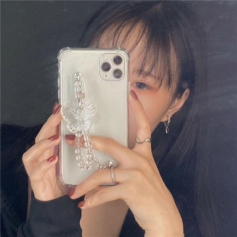 Cute Wrist Strap Butterfly Pendant Phone Case For iPhone 13 12 14Pro Max 8 7 Plus Cases For iPhone 11 Pro Max Elegant Butterfly Theme Transparent Soft Silicone Rubber Phone Case for iPhone Stevvex