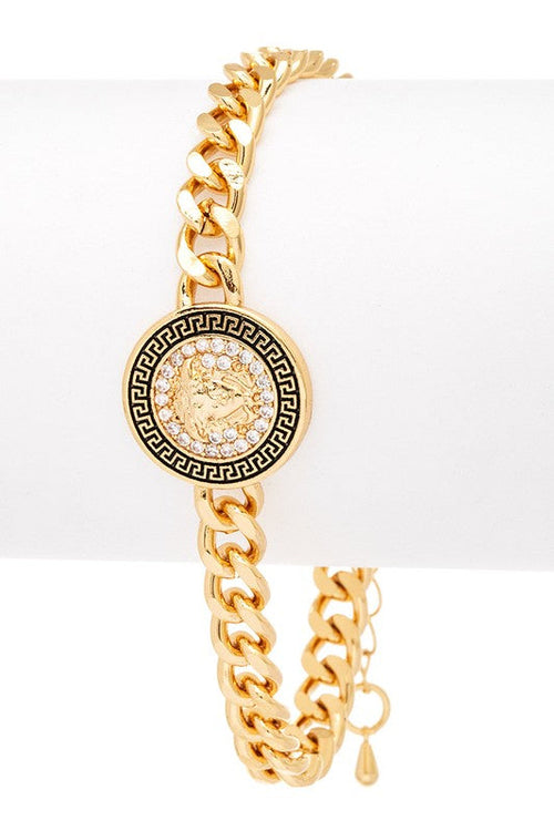 CZ Medallion Charm Stainless Steel Gold Chain Bracelet