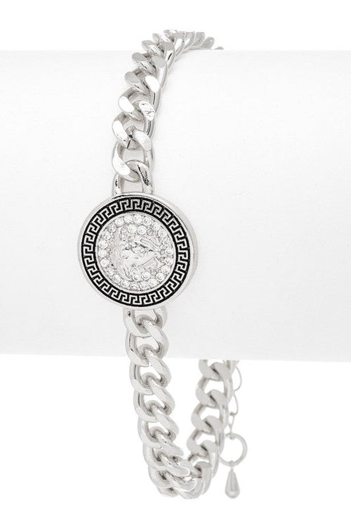 CZ Medallion Charm Stainless Steel Gold Chain Bracelet