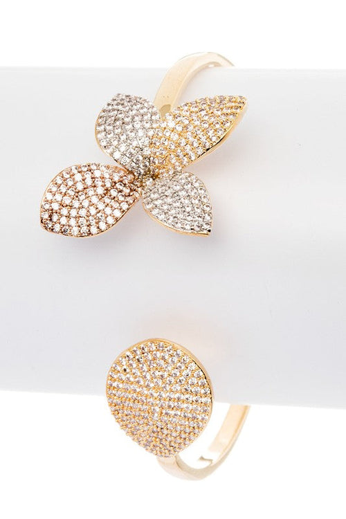 CZ Micro Pave Flower Open Cuff Bracelet Adjustable Gold