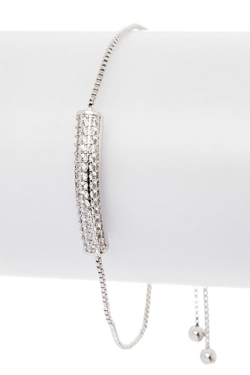 CZ Pave Curved Bar Bolo Bracelet Adjustable Sterling