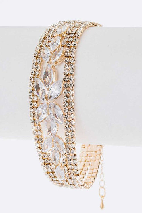 CZ Rhinestone Bridal Bracelet Gold Plated Multi Row Crystal