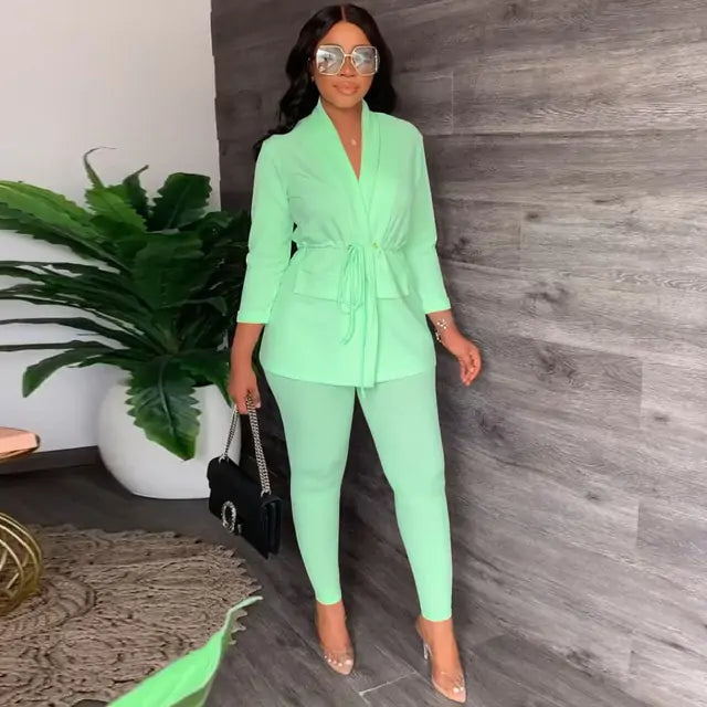 V-Neck Lace-up Shirt Tight Pants Set Pi-Mart