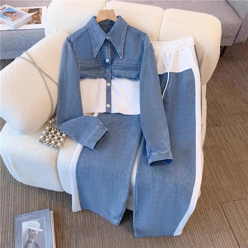 Two Piece Sets Women Pant Set Denim Splice Matching Sets Spring Top Wide Leg Long Pants Casual Loose Lace Up High Waist Jogger Purplish Diva