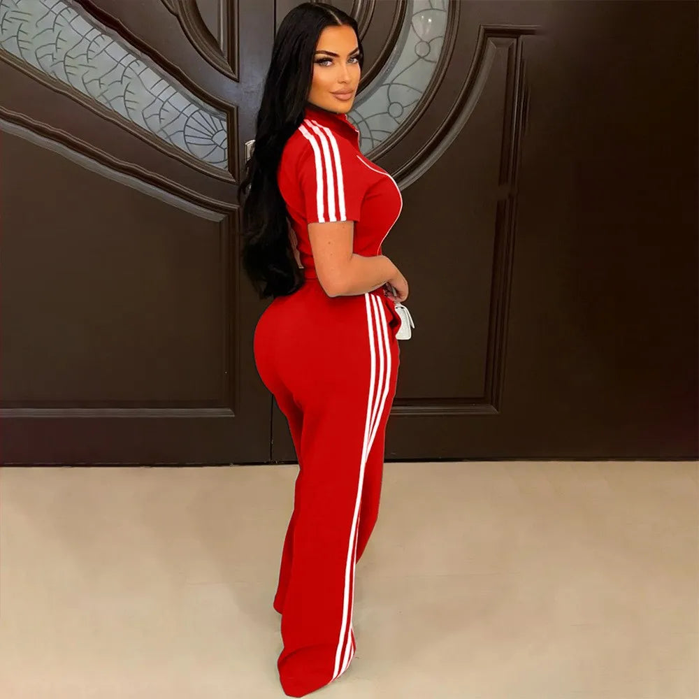 Fashion Casual Short Hoodie 2 Piece Women Summer Zipper Top Short Sleeved Sports T Shirt Stripe Splicing Long Pants Female Suit Purplish Diva
