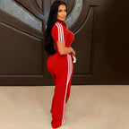 Fashion Casual Short Hoodie 2 Piece Women Summer Zipper Top Short Sleeved Sports T Shirt Stripe Splicing Long Pants Female Suit Purplish Diva