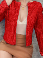 Elegant Women Full-Size Sequin Open Front Cropped Jacket With Glamorous Sparkle Luxury Women Party Jacket Stevvex