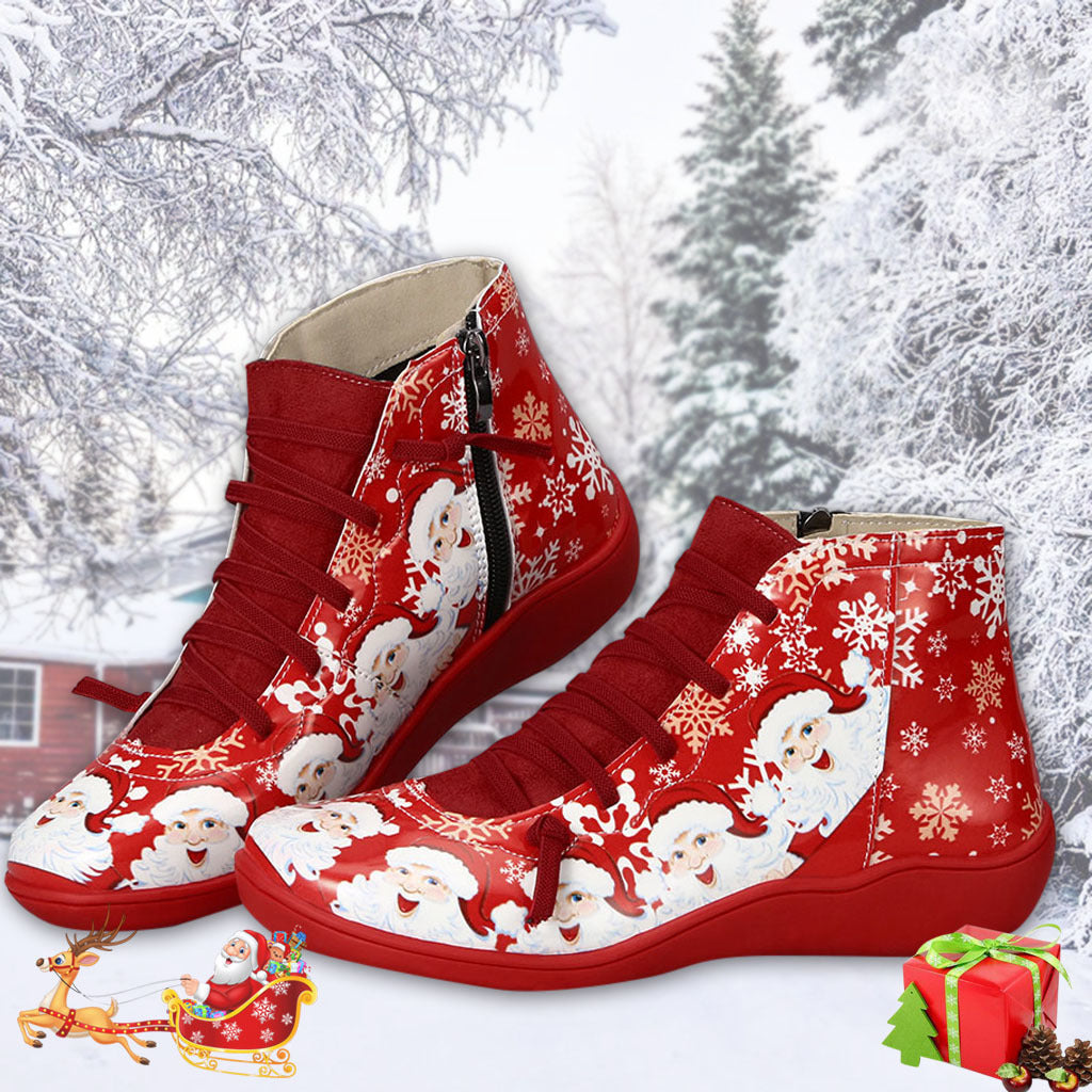 Ankle Boots Women Santa Claus Snowflake Print Flats Shoes Casual Slip-on Side Zipper Design Short Boot Pi-Mart