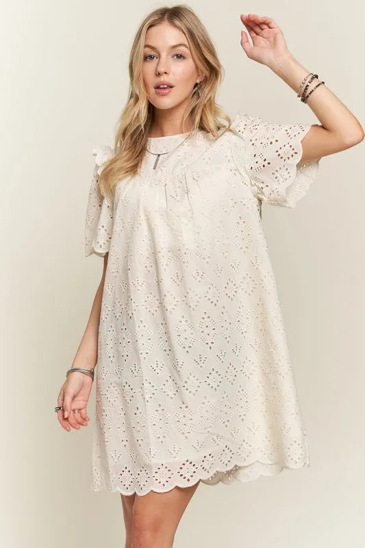Ruffled Eyelet Round Neck Summer Dress For Women – Elegant Feminine Eyelet Dress with Ruffled Details for Garden Parties & Special Occasions Stevvex